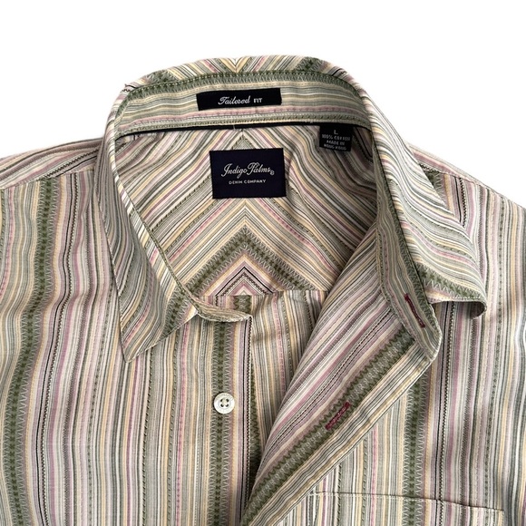 INDIGO PALMS ~ Men's Green and Off White Embroidered Striped Shirt size L - Picture 6 of 7
